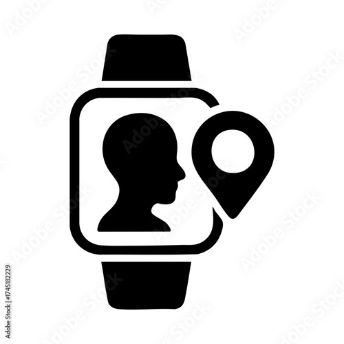 Child tracker smartwatch icon with silhouette and GPS pin