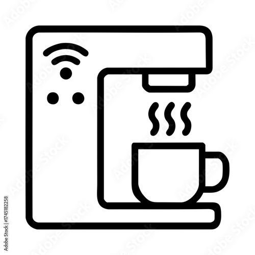 Smart coffee machine icon with wireless control and steaming cup