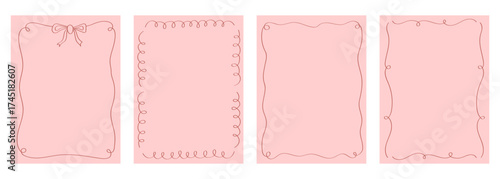 Vintage hand drawn frames with whimsical lines, bows, ribbons. Cute pink red minimalist line art borders. Vector template for poster, banner, wedding invitation, card.