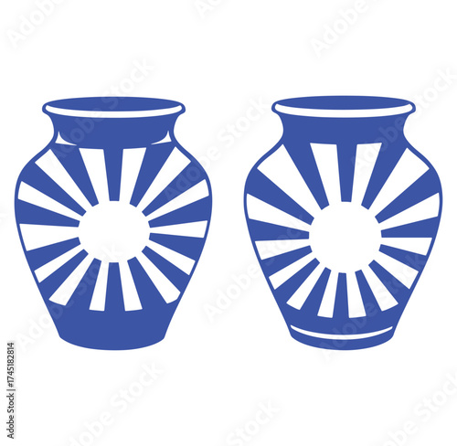 Blue and white stylized decorative vases with radial sunburst pattern design for decoration.