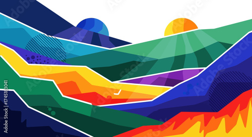 Geometric landscape illustration showcasing mountain layers with vibrant hues and modern design
