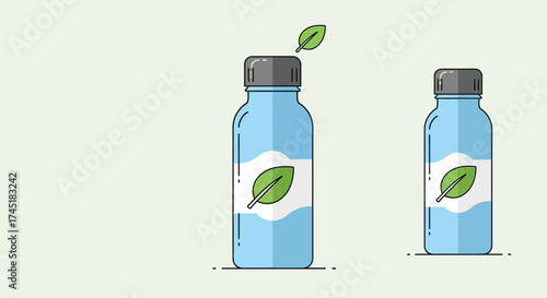 Eco-Friendly Hydration: Two Stylish Blue Bottles with Leaf Accents for Refreshment Concept
