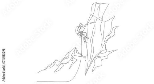 Single line art capturing the essence of mountain climbing achievement and exploration experience
