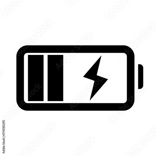 Charging battery black vector icon | lightning bolt symbol for power status, energy, and electrical technology graphic element
