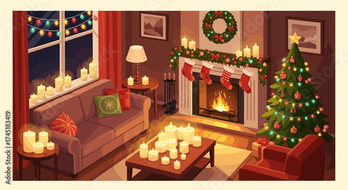 Cozy christmas eve illustration featuring decorated tree, candles and crackling fireplace creating
