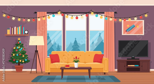 Festive holiday living room ambiance showcasing a decorated christmas tree and cozy furnishings