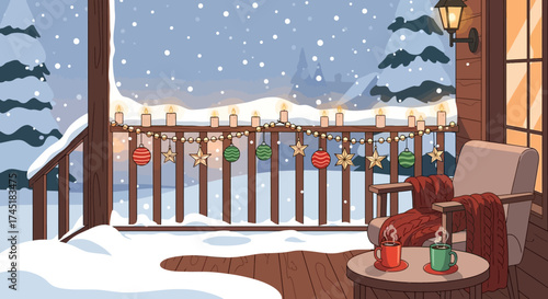 Cozy winter veranda scene with candles, ornaments, snow and steaming drinks on the table