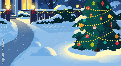 Stylized winter scene featuring a decorated Christmas tree in a snow covered landscape