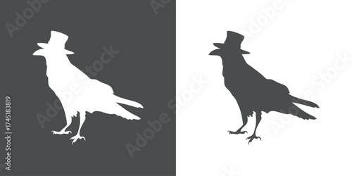 Logo con silueta de cuervo negro con viejo sombrero para felicitaciones y tarjetas de Halloween