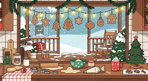 Cozy Christmas Kitchen Scene with Holiday Baking and Winter Scenery through the Window