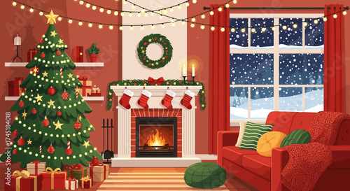 Festive holiday cheer in a cozy living room decorated with a christmas tree and fireplace