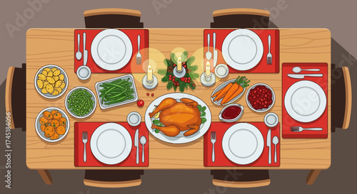 Festive Thanksgiving feast: A top-down view of a traditionally set holiday table