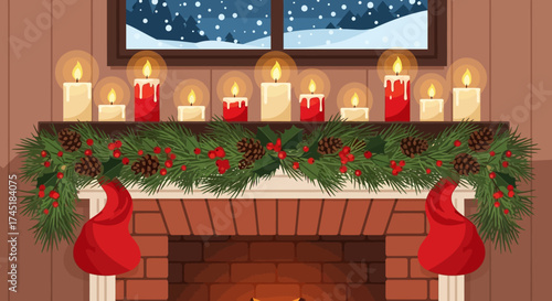 Festive fireplace mantel illustration adorned with candles, greenery, and stockings evoking warmth
