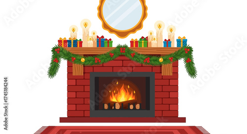 Festive holiday spirit illustration featuring a cozy fireplace with gifts and candles decoration