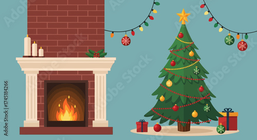 Cozy Holiday Scene with Decorated Tree, Fireplace, Lights and Presents, flat illustration