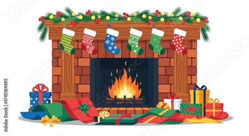 Festive fireplace scene with christmas stockings and presents evokes the spirit of giving