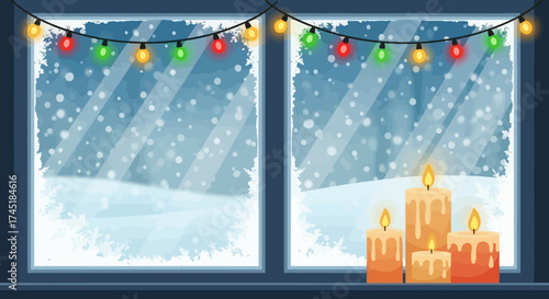 Cozy winter scene with candles illuminating a snowy window and festive lights
