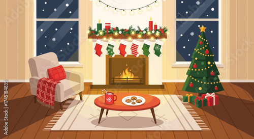 Festive christmas living room interior featuring a cozy fireplace and decorated tree for a special