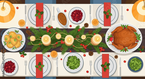 Festive thanksgiving feast illustration with elegant table setting and christmas decorations