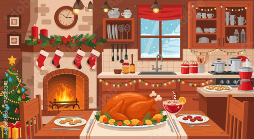 Festive kitchen illustration showcasing a Christmas dinner setup with cozy fireplace atmosphere