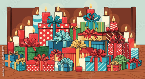 Festive gifts and candles arranged in a cozy display create an atmosphere of anticipation and cheer