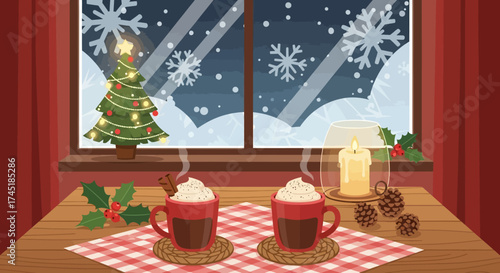 Cozy winter scene with hot cocoa, Christmas tree, and snow falling outside a window pane