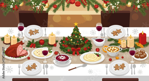 Festive Christmas Eve Dinner Table Setting with Holiday Decorations and Traditional Dishes