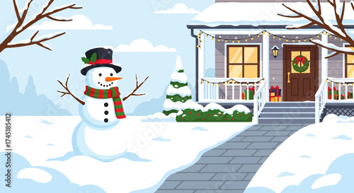 Charming winter wonderland illustration showcasing a decorated house and a cheerful snowman