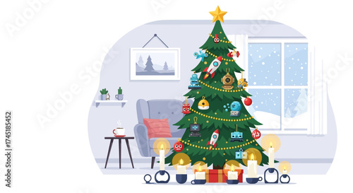 Festive holiday ambiance of a living room with a decorated Christmas tree scene indoors