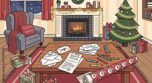 Cozy christmas eve scene with letters to santa gifts fireplace and decorated tree creating a