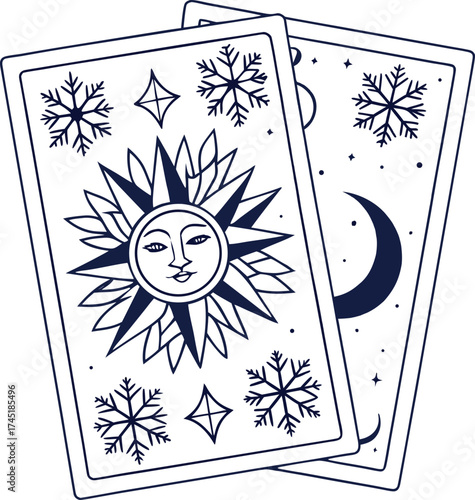 mystical tarot cards with sun moon snowflake and star symbols in monochrome celestial theme