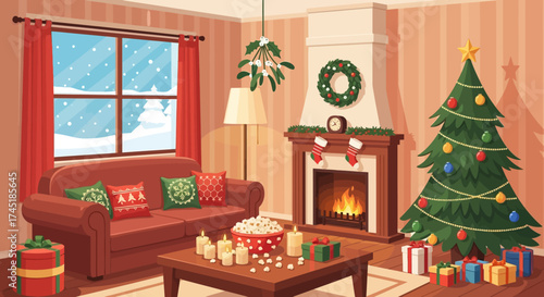 Cozy christmas living room scene with decorated tree fireplace and snowy window view brings the