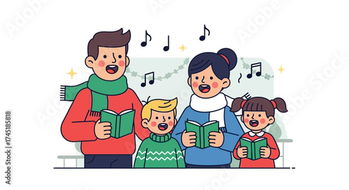 Festive family joyfully singing carols together during the holiday season, creating a heartwarming