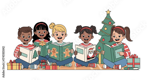 Festive reading circle of cheerful children around a Christmas tree sharing joyful holiday stories