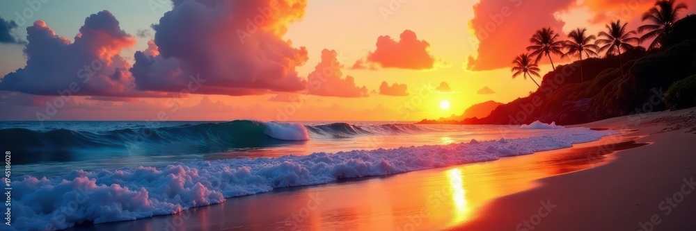Fototapeta premium Fiery sunset paints Hawaiian sky, waves crash on shore , warm, red, serene