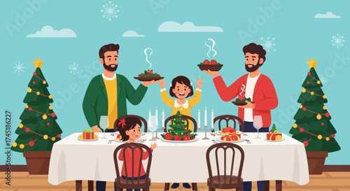 Joyful holiday celebration illustration of a family gathering around the dinner table