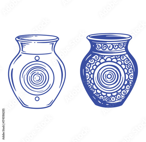 Two artistic blue pottery vases with decorative designs and intricate ornamentation on white background