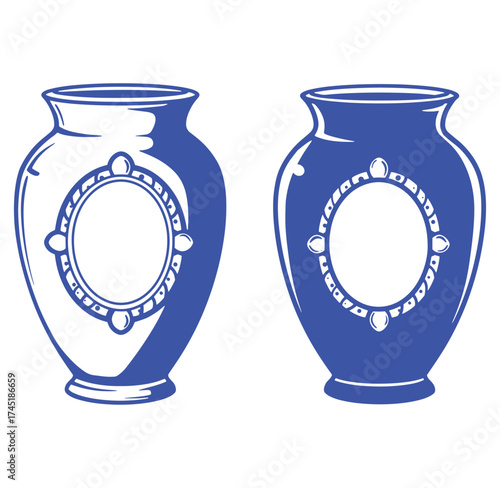 Two blue and white decorative vases with oval accents and geometric details in vector format