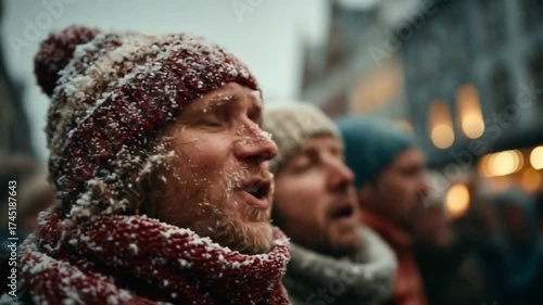 Group of people singing outdoors in winter attire during snowfall