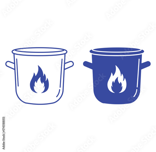 Vector illustration featuring two cooking pots with flame symbols in different color variations