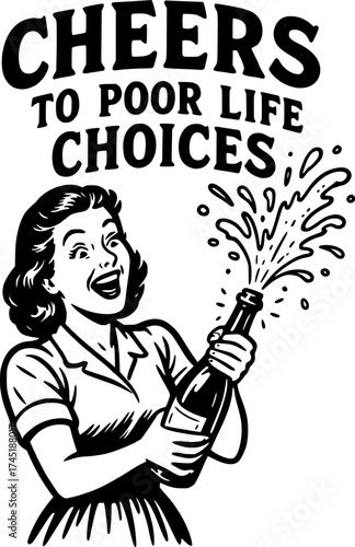 A white-only retro vector illustration showing a woman joyfully popping a champagne bottle with exaggerated excitement, vintage lettering