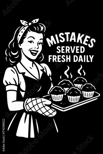 A bold white-only vector illustration in classic 1950s pin-up style featuring a smiling woman holding a baking tray of burnt cupcakes, playful text