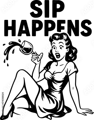 A humorous 1950s pin-up white-only vector illustration of a woman in a playful pose spilling wine from her glass with a shocked smile
