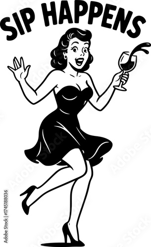 A humorous 1950s pin-up white-only vector illustration of a woman in a playful pose spilling wine from her glass with a shocked smile