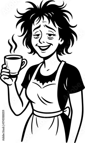 messy haired girl with cup of coffee