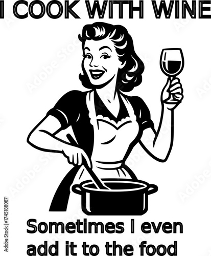 A bold white-only vector in classic 1950s pin-up style of a cheerful woman stirring a pot while holding a wine glass, playful retro humor