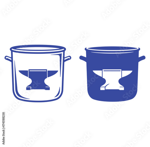 Vector illustration of an anvil icon design inside two stylized pot shapes with handles