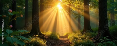 Golden sunbeams pierce dense canopy, illuminating forest floor, illustration, magical