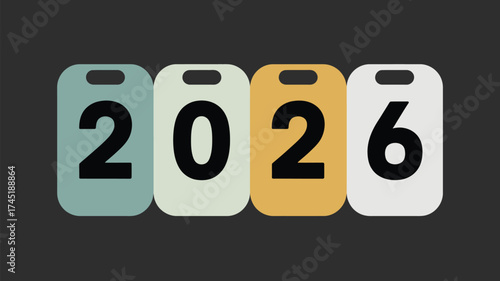 The year two thousand and twenty six displayed on four colorful tags against a dark background