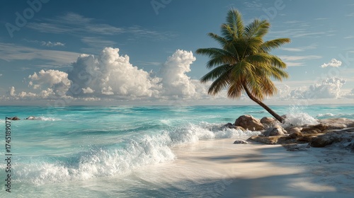 Palm tree on a white sand beach with turquoise ocean water and cloudy skies. Use for travel, vacation, or tropical paradise themed projects.